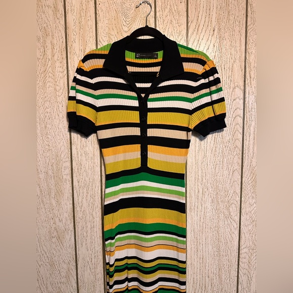 New York & Company Stripe Puff-Sleeve Polo Midi Sweater Dress Size Large - Picture 4 of 7